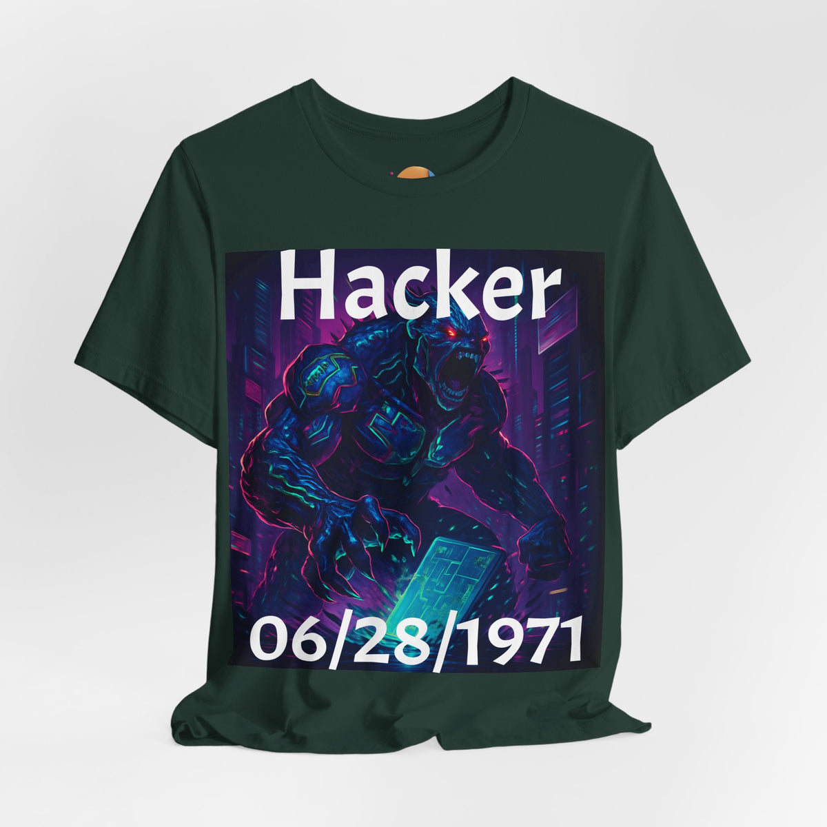 HACKER— '06/28/1971' Graphic tee. Dark Creature Illustration