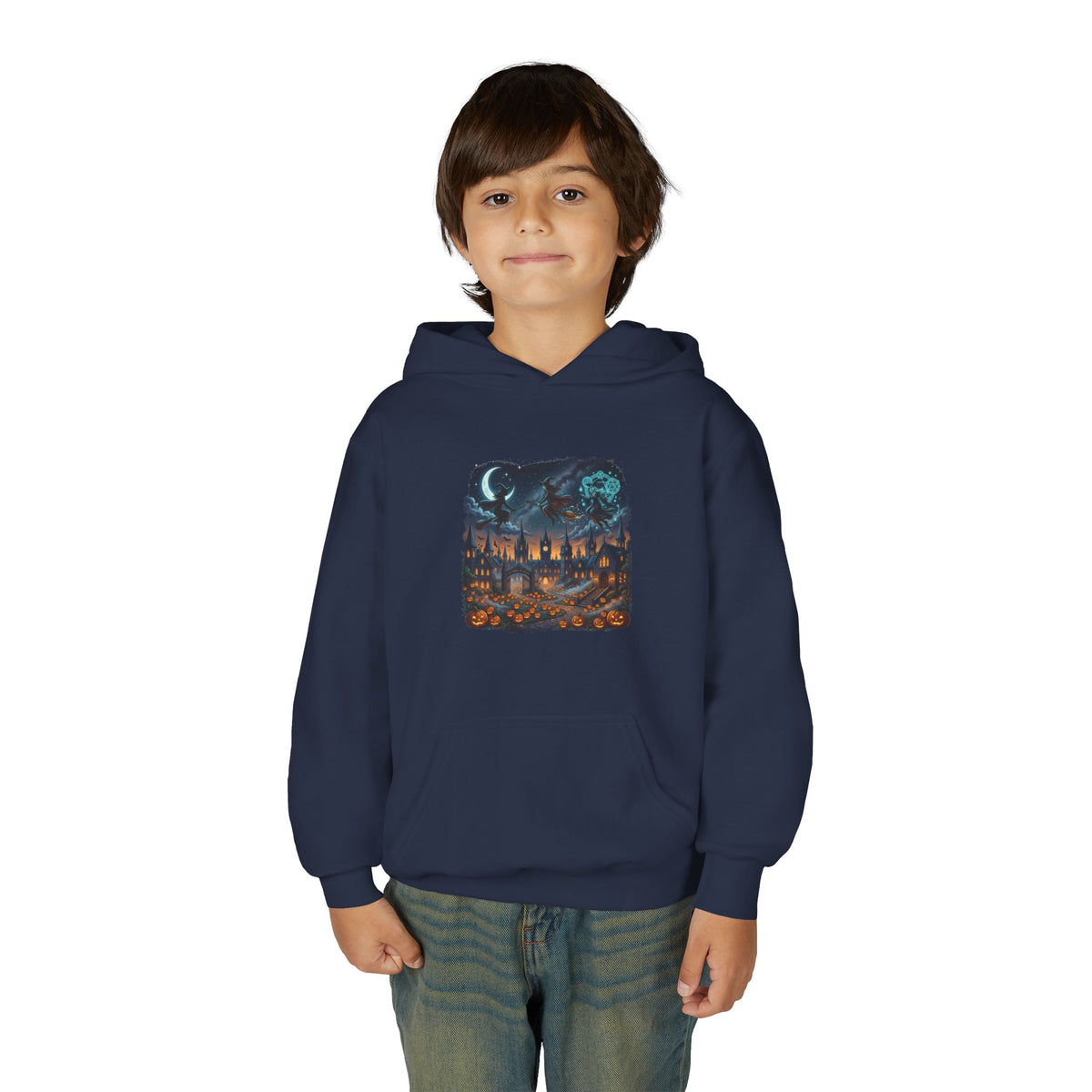 HALLOWEEN Youth Hoodie — Cozy Autumn Cabin Night Illustration