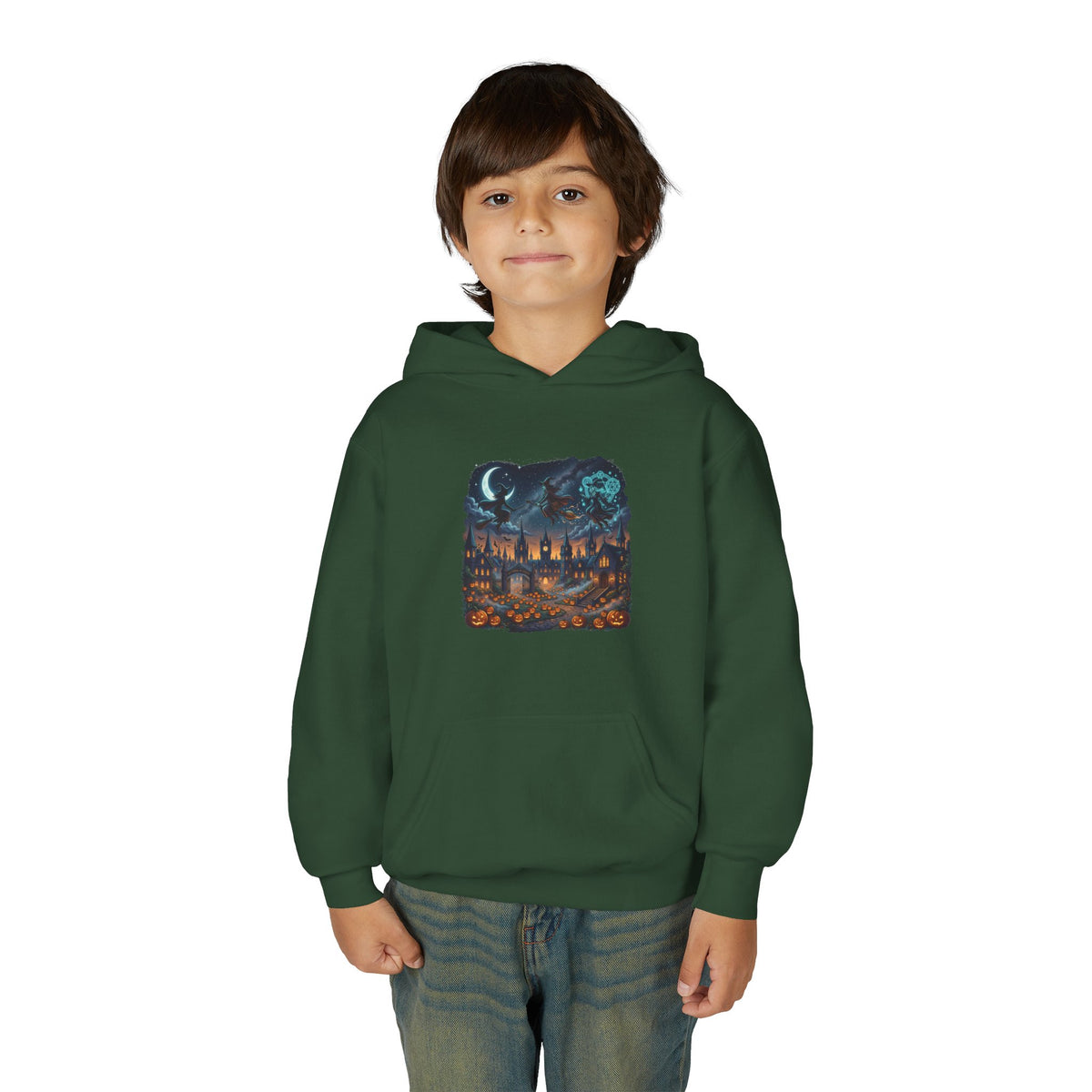 HALLOWEEN Youth Hoodie — Cozy Autumn Cabin Night Illustration