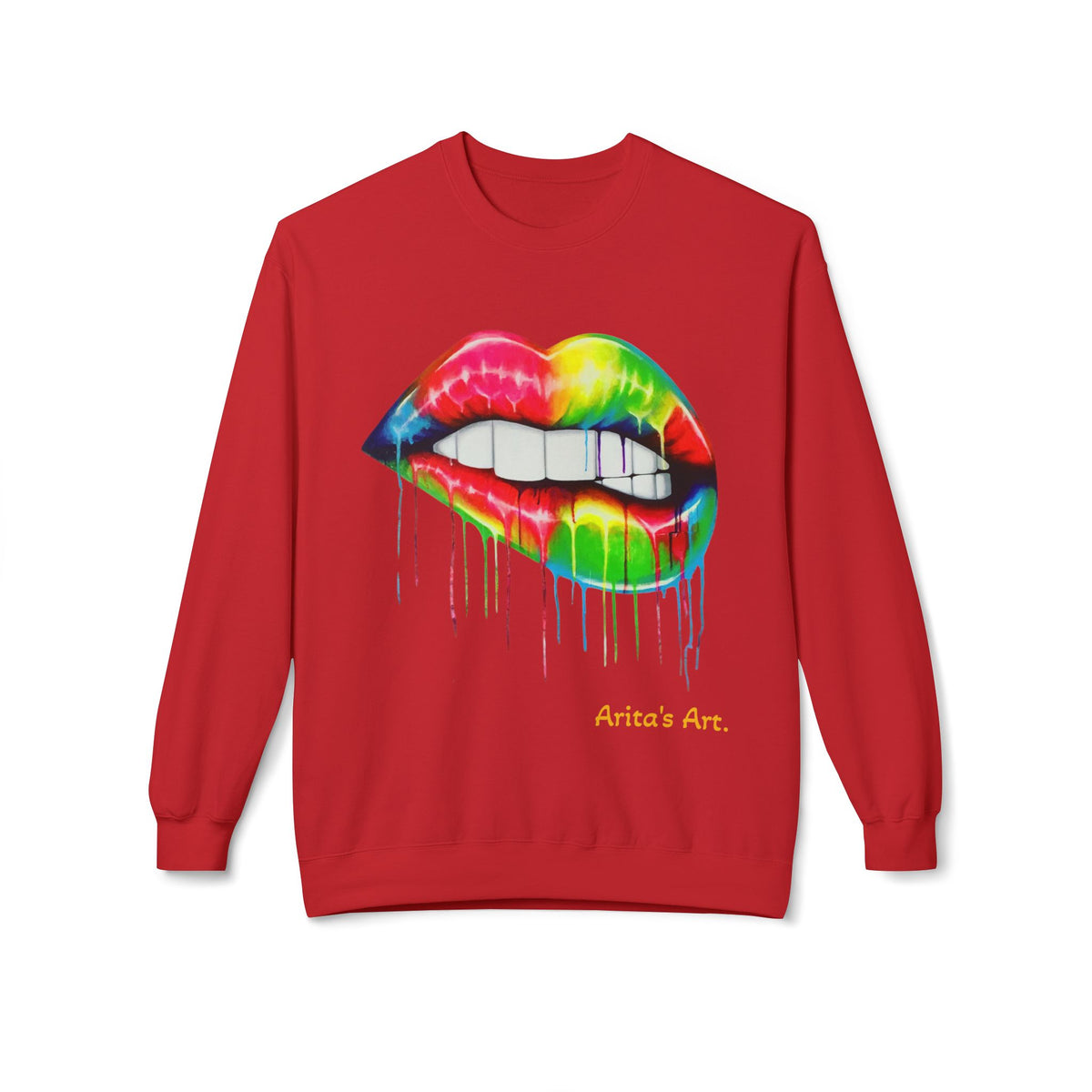 Rainbow Drip Lip Crewneck Sweatshirt — Colorful Biting Lips Graphic