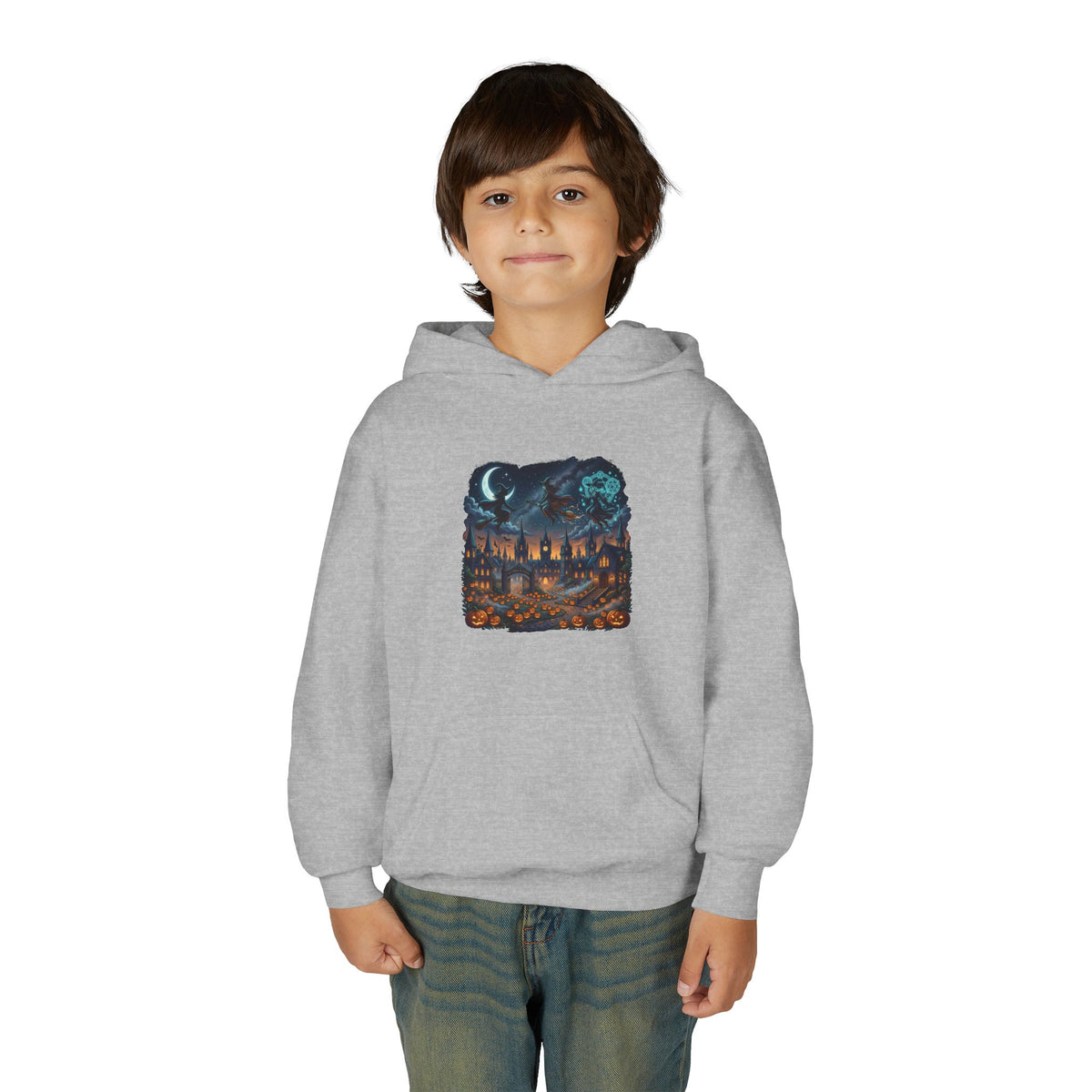 HALLOWEEN Youth Hoodie — Cozy Autumn Cabin Night Illustration