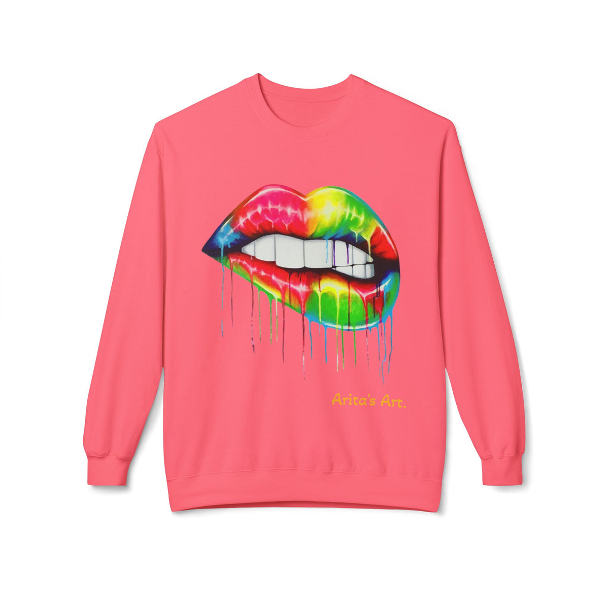 Rainbow Drip Lip Crewneck Sweatshirt — Colorful Biting Lips Graphic