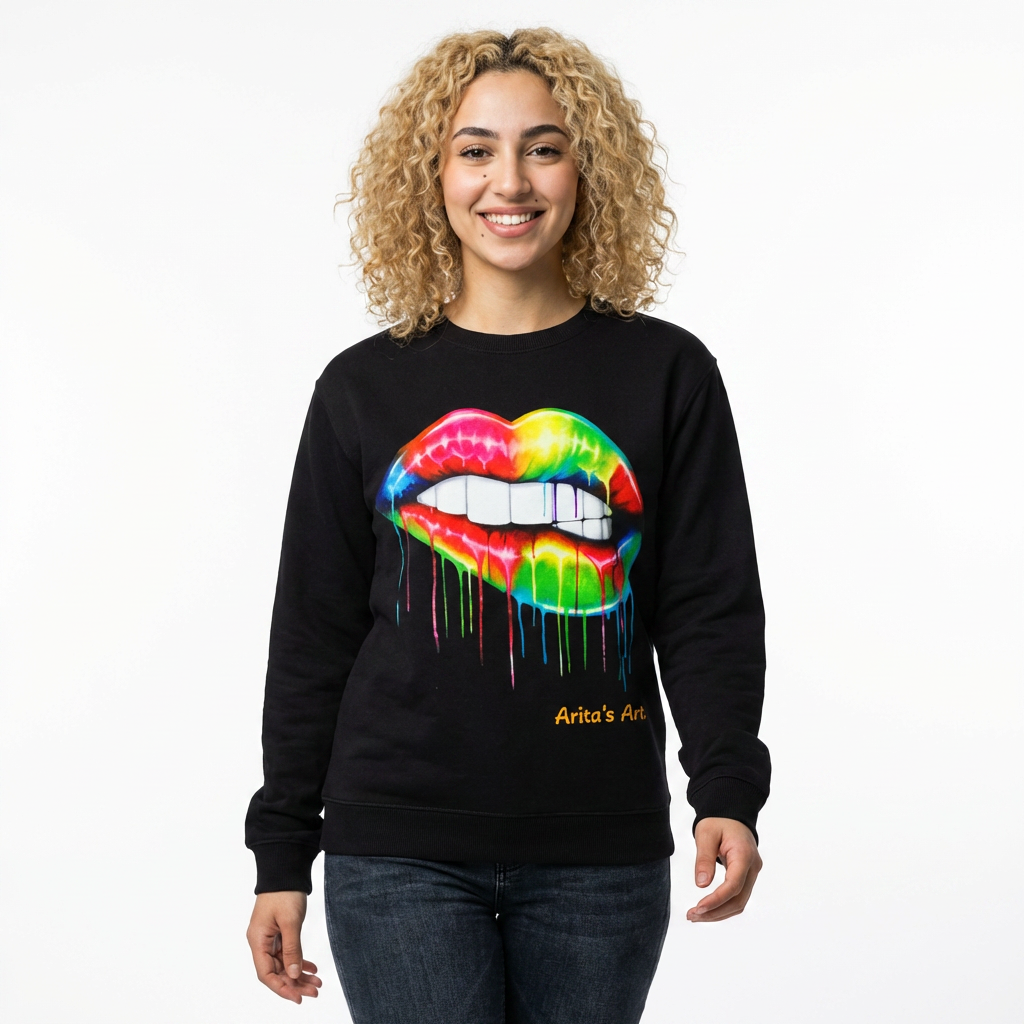 Rainbow Drip Lip Crewneck Sweatshirt — Colorful Biting Lips Graphic