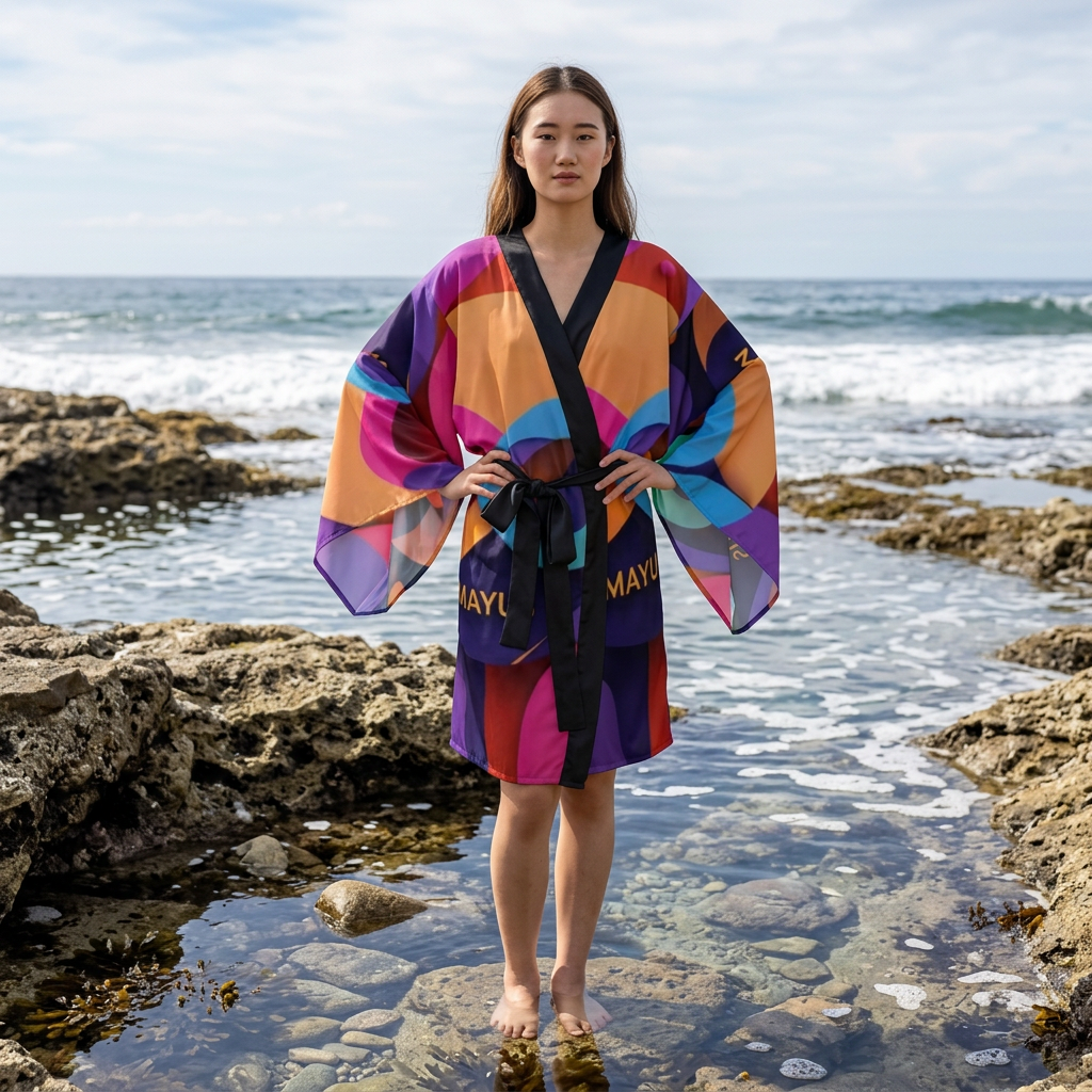 MAYUS Colorwave Kimono Robe — Long Sleeve Graphic Lounge Robe