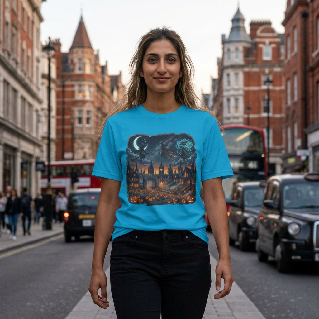 HALLOWEEN Nightscape Tee — Haunted City, Pumpkins & Moonlight Graphic Shirt