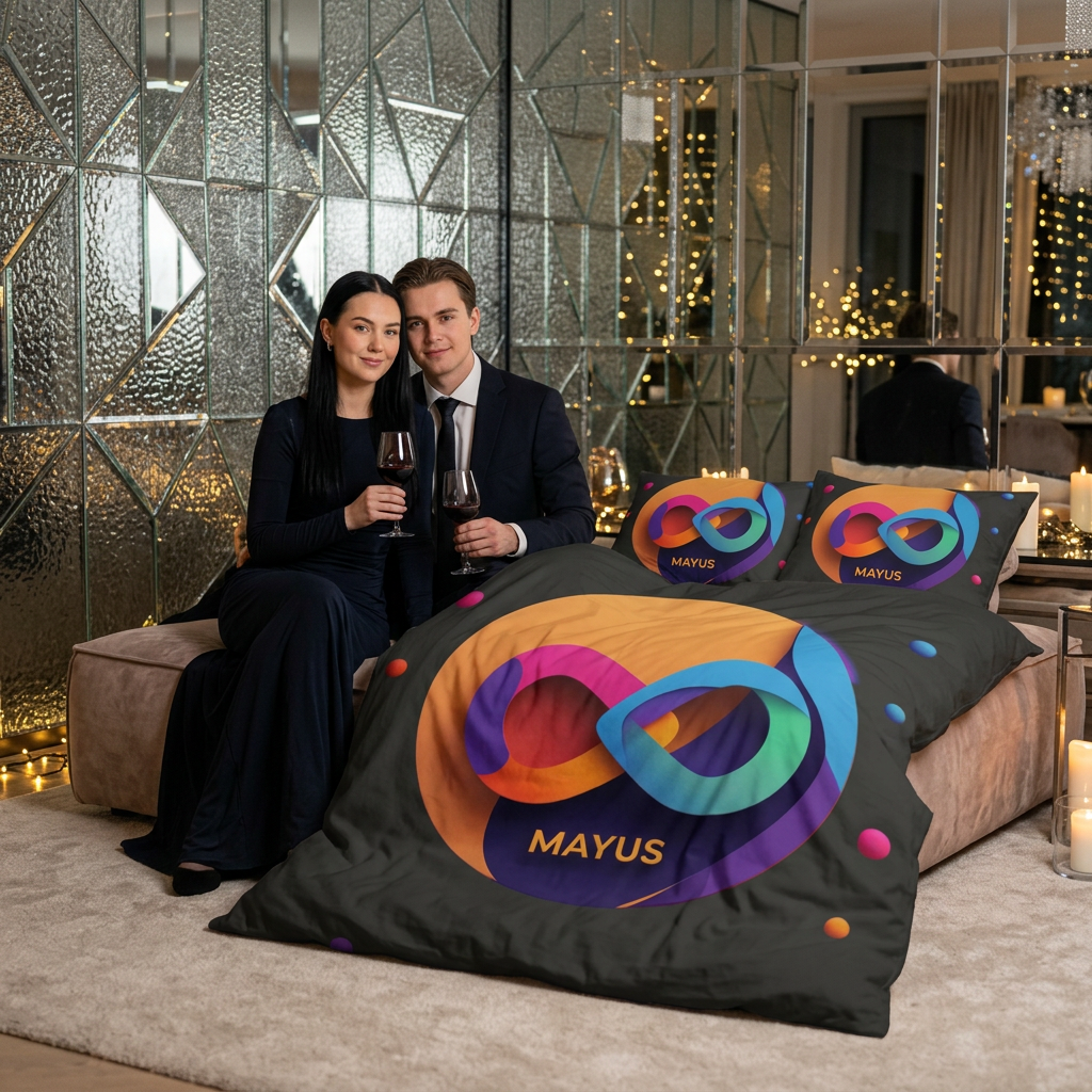 MAYUS Infinity Logo Cotton Bed Set — Colorful Modern Duvet Cover with 'MAYUS' Design