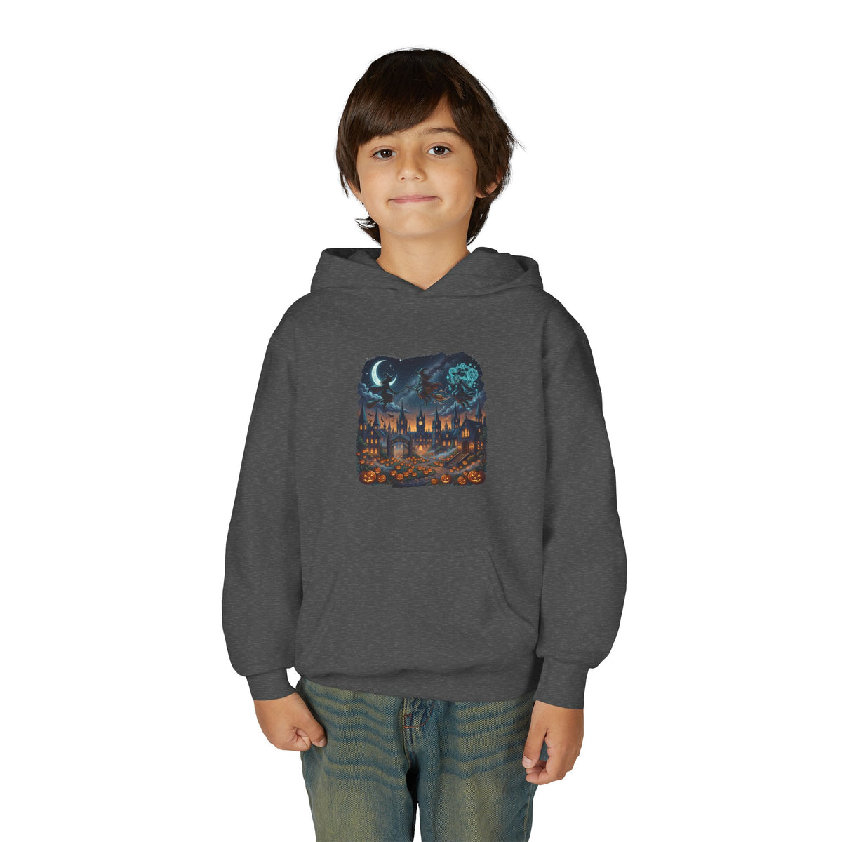 HALLOWEEN Youth Hoodie — Cozy Autumn Cabin Night Illustration