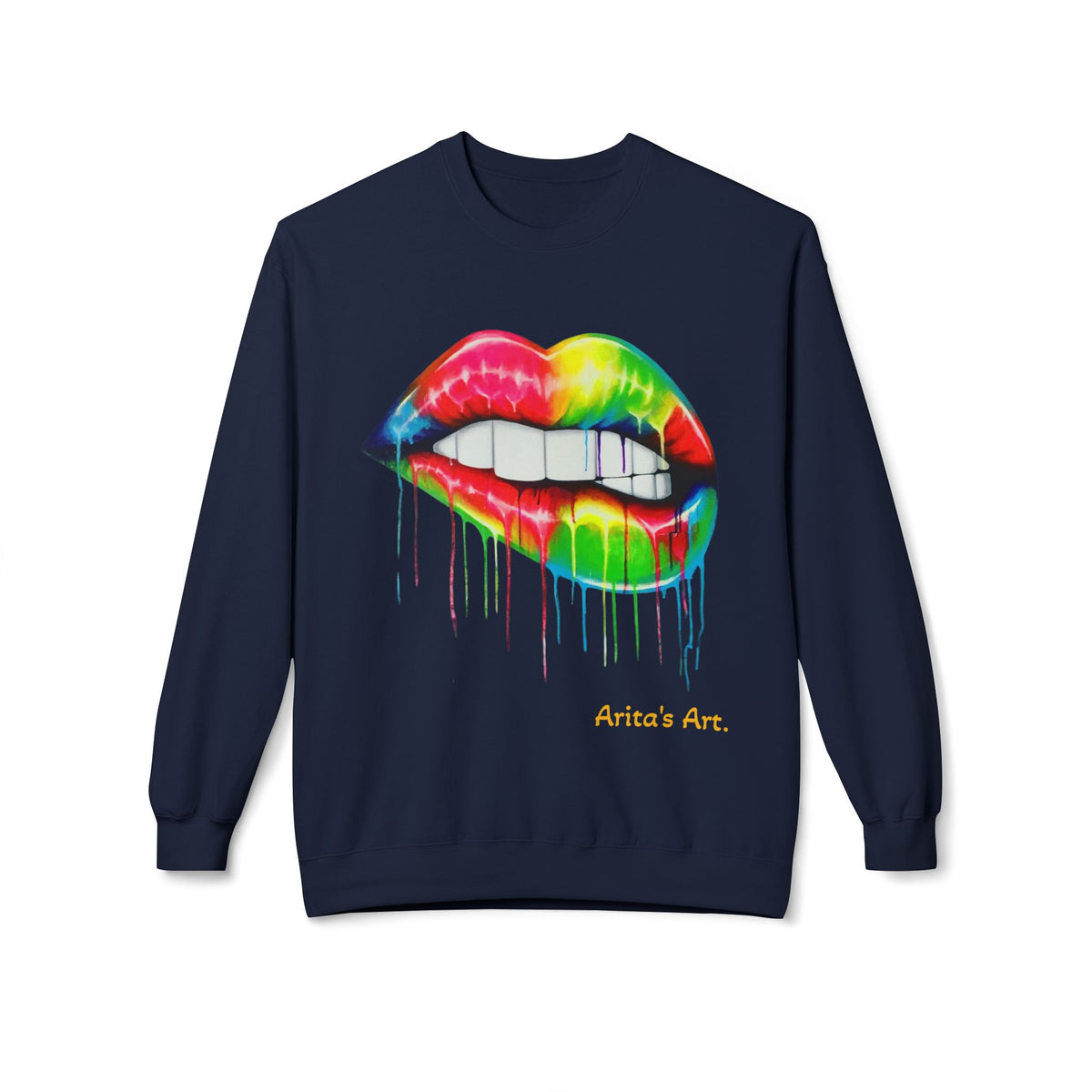 Rainbow Drip Lip Crewneck Sweatshirt — Colorful Biting Lips Graphic