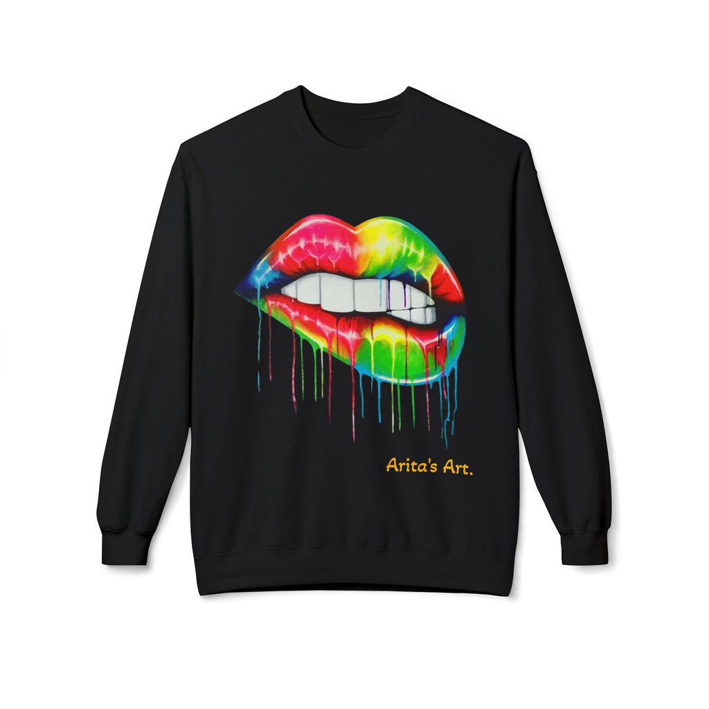 Rainbow Drip Lip Crewneck Sweatshirt — Colorful Biting Lips Graphic