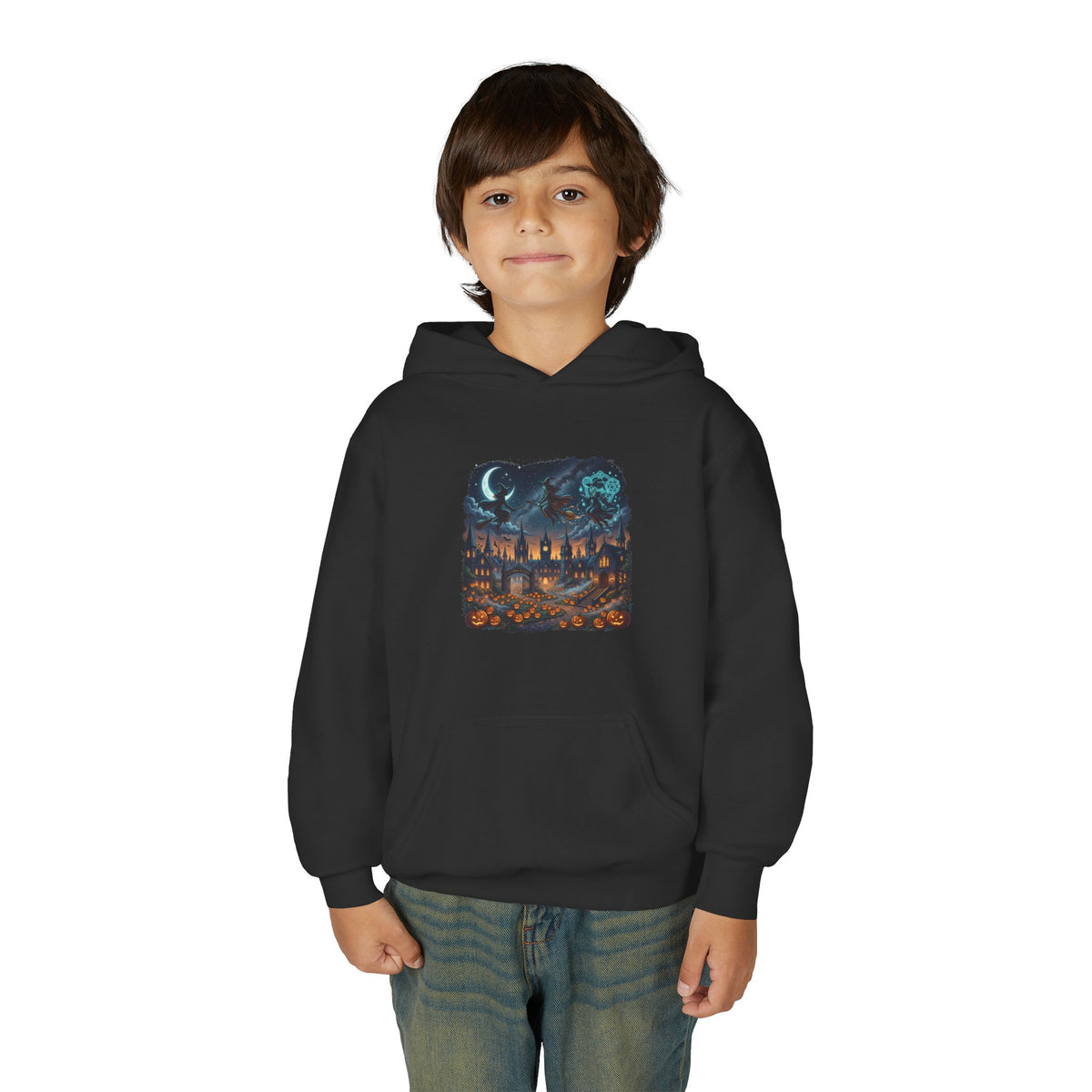 HALLOWEEN Youth Hoodie — Cozy Autumn Cabin Night Illustration
