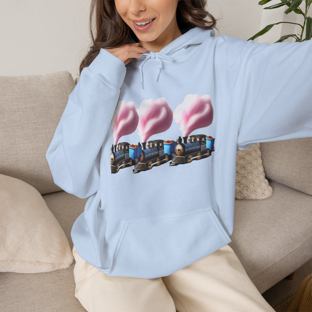 Cotton Candy Train Hoodie — Whimsical Retro Locomotive Sweatshirt